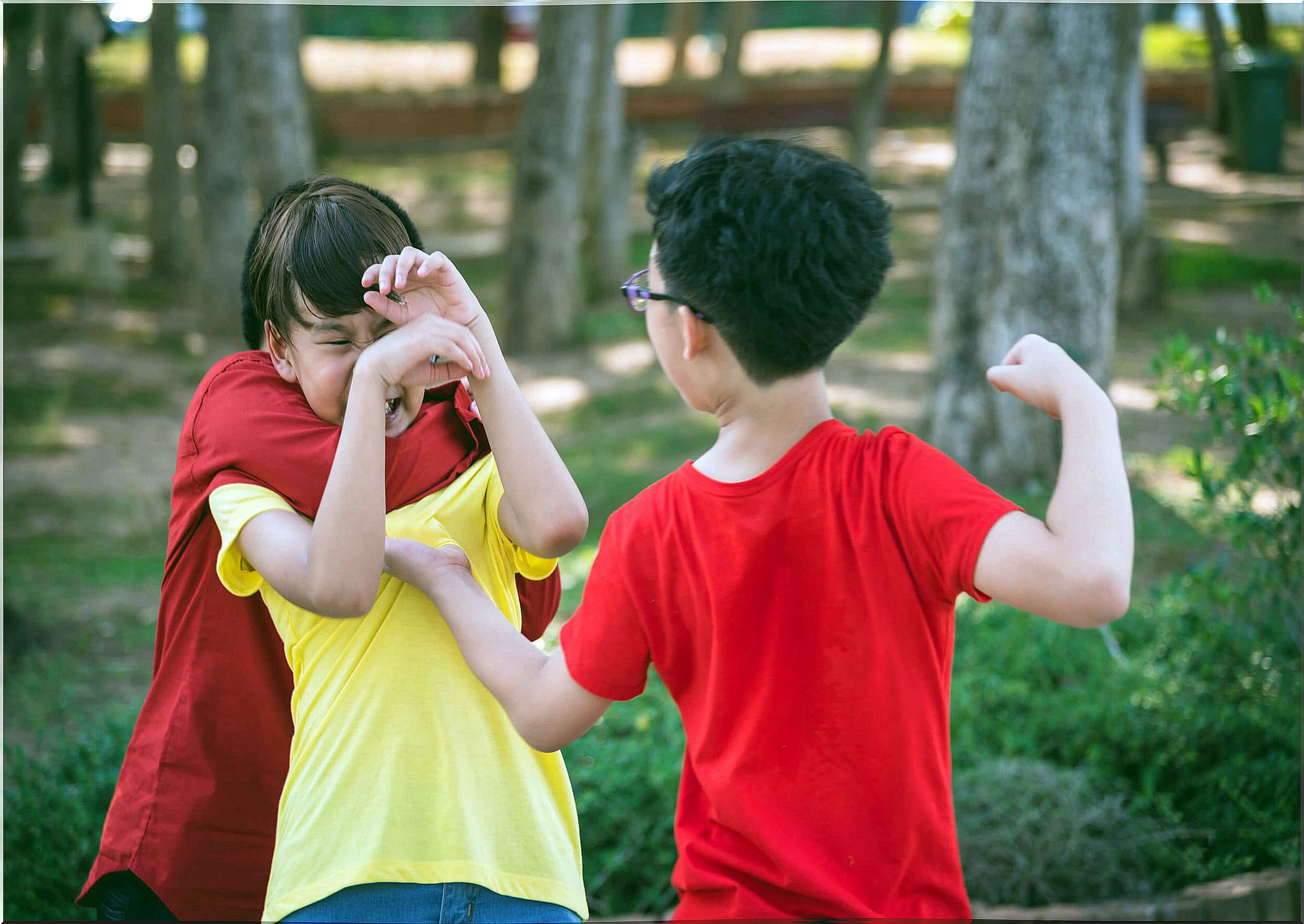 Children hitting a classmate because they have not learned to defend themselves without violence.