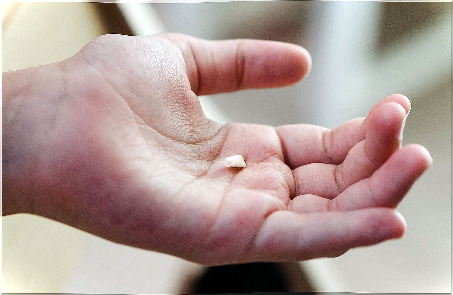 Baby tooth in hand because it has come off due to dental trauma.